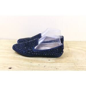 Jimmy Choo Loafers 38 Blue Suede Studded Black Rhinestone Flats Slip On Italy